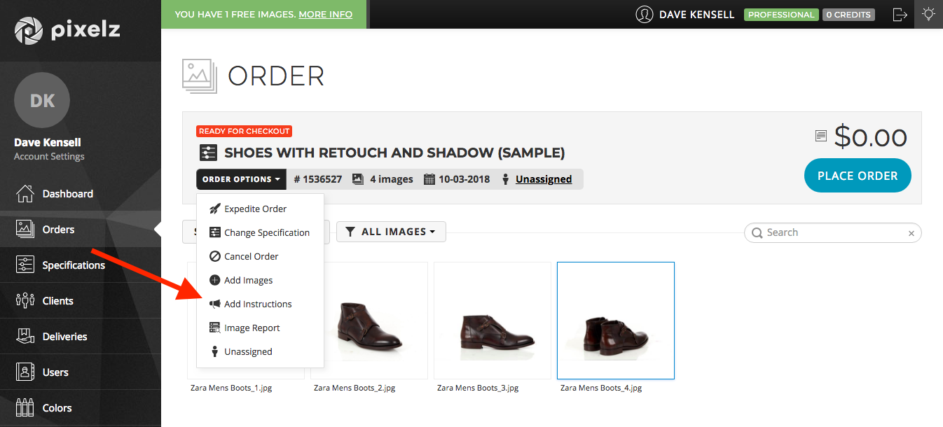 Add Instructions via menu dropdown Additional retouching order options menu